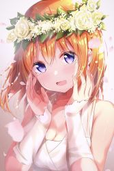 Rule 34 | 1girl, amedamacon, bare shoulders, blush, brown background, collarbone, commentary request, detached sleeves, dress, fingernails, flower, flower wreath, go-toubun no hanayome, gradient background, grey background, hair between eyes, hands up, head tilt, head wreath, highres, long hair, long sleeves, looking at viewer, nail polish, nakano yotsuba, open mouth, orange hair, petals, pink nails, purple eyes, rose, sleeveless, sleeveless dress, sleeves past wrists, solo, tears, upper body, white dress, white sleeves, yellow flower, yellow rose