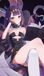 Rule 34 | 1girl, bare shoulders, black gloves, book, breasts, commentary, crossed legs, detached sleeves, dress, feet out of frame, fur-trimmed collar, fur trim, gloves, gradient hair, grey eyes, hand up, highres, hololive, hololive english, long hair, looking at viewer, low wings, multicolored hair, ninomae ina&#039;nis, ninomae ina&#039;nis (1st costume), open book, orange hair, purple hair, single detached sleeve, single thighhigh, sitting, small breasts, solo, strapless, strapless dress, tentacle hair, tentacles, thighhighs, tube dress, uohara shinji, virtual youtuber, white thighhighs, white wings, wings