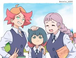 Rule 34 | 10s, 3girls, :d, :i, ^ ^, amanda o&#039;neill, bad id, bad pixiv id, blouse, blush, bow, braid, chips (food), closed eyes, collared shirt, constanze amalie von braunschbank-albrechtsberger, food, girl sandwich, grin, hand on another&#039;s shoulder, happy, headpat, jasminka antonenko, little witch academia, looking at viewer, multiple girls, nakajima asuka, open mouth, pink bow, potato chips, pout, sandwiched, school uniform, shirt, smile, teeth, twin braids, v, wavy mouth, white shirt