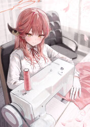 Rule 34 | 1girl, aru (blue archive), blue archive, blush, chair, closed mouth, collared shirt, demon horns, gloves, halo, hidulume, highres, horns, indoors, long hair, looking at object, neck ribbon, on chair, pink hair, red ribbon, ribbon, sewing, sewing machine, shirt, sitting, solo, spool, sweat, white gloves, white shirt, yellow eyes