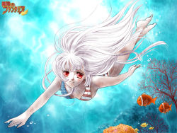 Rule 34 | 1girl, american flag, barefoot, bikini, breasts, coral, diving, face mark, facial mark, female focus, fish, flag print, freediving, full body, gradient background, long hair, mugen no fantasia, nature, ocean, plant, red eyes, smile, solo, sunlight, swimming, swimsuit, underwater, very long hair, water, white hair