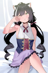 Rule 34 | 1girl, ahoge, animal ear fluff, animal ears, bare arms, bare shoulders, black hair, blush, bow, breasts, cat ears, closed mouth, crossed legs, eyes visible through hair, feet out of frame, frilled skirt, frills, green eyes, hair between eyes, hair bow, hand up, karyl (princess connect!), long hair, low twintails, multicolored hair, nail polish, one eye closed, pink nails, princess connect!, purple skirt, red bow, ringlets, shirt, sitting, skirt, sleeveless, sleeveless shirt, small breasts, solo, streaked hair, subachi, twintails, v-shaped eyebrows, very long hair, white hair, white shirt