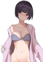 Rule 34 | 10s, 1girl, bandaged fingers, bandages, black hair, blunt bangs, bra, breasts, cleavage, collarbone, convenient censoring, eromanga sensei, half-closed eyes, head tilt, highres, large breasts, looking at viewer, navel, no panties, norman maggot, out-of-frame censoring, purple eyes, robe, senju muramasa, short hair, simple background, solo, strapless, strapless bra, underwear, upper body, white background