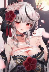 Rule 34 | 1girl, bad id, bad twitter id, bare shoulders, black choker, blurry, blush, bottle, breasts, chest sarashi, choker, cleavage, commentary request, depth of field, falling petals, flower, flower knot, grey kimono, hair flower, hair ornament, hair stick, highres, holding, holding bottle, hololive, japanese clothes, kimono, large breasts, light smile, looking at viewer, moon, multicolored hair, nail polish, namagome negi, night, night sky, open mouth, petals, pouring, pouring onto self, red eyes, revision, sakamata chloe, sakamata chloe (new year), sake bottle, sarashi, short hair with long locks, simple background, sky, smile, solo, streaked hair, tassel, tassel hair ornament, tokkuri, upper body, virtual youtuber, white background, window
