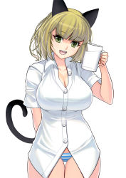 Rule 34 | 1girl, animal ears, blonde hair, breasts, cat ears, cat girl, cat tail, cleavage, collarbone, cowboy shot, cup, drinking glass, female focus, green eyes, kouno (masao), large breasts, looking at viewer, milk, open mouth, original, panties, pantyshot, short sleeves, smile, solo, standing, striped clothes, striped panties, tail, thighs, underwear