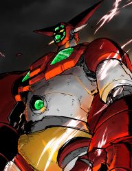 Rule 34 | absurdres, amakawa mayu, electricity, from below, getter-1, getter robo, getter robo (1st series), highres, horns, huge filesize, looking ahead, mecha, no humans, open hand, robot, science fiction, solo, super robot, yellow eyes