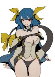 Rule 34 | 1girl, belt, black panties, blue hair, blush, buttons, choker, collarbone, detached sleeves, dizzy (guilty gear), guilty gear, guilty gear xrd, hair between eyes, hair ribbon, hair rings, highres, jason kim, long hair, looking at viewer, monster girl, no wings, panties, red eyes, ribbon, seductive smile, simple background, sitting, smile, solo, tail, tail ornament, tail ribbon, thick thighs, thighs, twintails, underwear