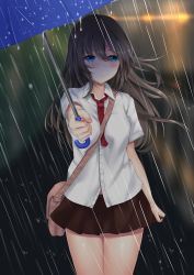 Rule 34 | 1girl, absurdres, blue eyes, blush, brown hair, closed mouth, highres, holding, holding umbrella, long hair, looking at viewer, necktie, original, rain, red necktie, solo, suiroh (shideoukami), umbrella