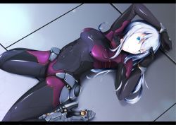 Rule 34 | 1girl, arm over head, armor, ayato mabu, blue eyes, bodysuit, bracer, breasts, covered navel, dutch angle, faulds, from above, gloves, greaves, high heels, hip armor, letterboxed, light smile, long hair, looking at viewer, lying, neon trim, on back, on floor, original, pilot suit, plugsuit, shiny clothes, silver hair, sitting, smile, solo, spread legs, tile floor, tiles, turtleneck, wariza