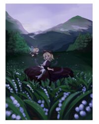Rule 34 | 1girl, black skirt, blonde hair, border, bow, cloud, cloudy sky, doll, grass, grey sky, hair bow, highres, medicine melancholy, mountain, open mouth, posumine, red bow, short sleeves, skirt, sky, smile, touhou, tree, white border