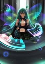 Rule 34 | 1girl, absurdres, blue eyes, breasts, catstudioinc (punepuni), center opening, cleavage, detached sleeves, elbow gloves, gloves, green hair, hatsune miku, highres, long hair, musical note, piano keys, reflection, skirt, solo, very long hair, vocaloid, wings