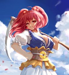 Rule 34 | 1girl, boat, breasts, brown sash, cleavage, coin, coin on string, dress, edz drawz, hair bobbles, hair ornament, highres, holding, holding scythe, large breasts, looking at viewer, obi, obidome, obijime, onozuka komachi, red eyes, red hair, sash, scythe, short sleeves, smile, solo, touhou, two side up, watercraft