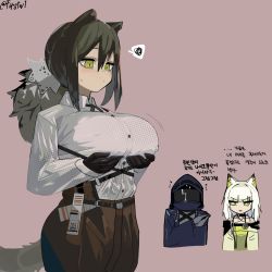 Rule 34 | 1other, 2girls, alternate breast size, animal ear fluff, animal ears, animal hands, arknights, black coat, black gloves, black hair, black mask, blunt bangs, blush, breast conscious, breast lift, breasts, brown pants, cat ears, closed mouth, coat, collared shirt, cowboy shot, cropped torso, cross tie, doctor (arknights), dress, firstw1, gloves, green dress, green eyes, green hair, grey gloves, highres, huge breasts, kal&#039;tsit (arknights), korean text, long hair, long sleeves, looking at breasts, looking down, medium hair, multiple girls, open mouth, pants, ponytail, raccoon ears, raccoon girl, raccoon tail, robin (arknights), shirt, shirt tucked in, simple background, spoken squiggle, squiggle, sweatdrop, tail, translation request, twitter username, upper body, white shirt