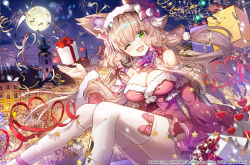 Rule 34 | 1girl, ;d, aerial fireworks, animal ears, apple caramel, artist name, bow, box, brown hair, building, confetti, copyright name, fang, fireworks, gift, gift box, green eyes, hair bow, heart, highres, long hair, looking at viewer, maho (princess connect!), moon, night, night sky, one eye closed, open mouth, outdoors, pink bow, princess connect!, red ribbon, ribbon, sitting, skin fang, sky, smile, thighhighs, two side up, white thighhighs