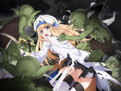 Rule 34 | 1girl, 5boys, blonde hair, blue eyes, blush, boots, clothes pull, colored skin, defeat, dress, goblin, goblin slayer!, green skin, hand on another&#039;s back, hat, imminent rape, long hair, long sleeves, monster, multiple boys, night, nyoro (nyoronyoro000), open mouth, panties, pantyshot, peril, pointy ears, priestess, priestess (goblin slayer!), sharp teeth, shirt pull, shorts, smile, staff, tearing clothes, teeth, thigh boots, thighhighs, tongue, tongue out, torn clothes, underwear, upshorts, upskirt