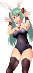Rule 34 | 1girl, animal ears, aqua hair, arms up, bad id, bad pixiv id, bare shoulders, black thighhighs, blush, breasts, collar, covered navel, detached collar, fake animal ears, hatsune miku, headset, leotard, long hair, necktie, passcal, playboy bunny, rabbit ears, rabbit tail, simple background, smile, solo, striped, tail, thighhighs, twintails, vocaloid, white background