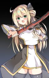 Rule 34 | 1girl, alternate breast size, black background, black dress, black thighhighs, blonde hair, blush, breasts, dot nose, dress, duel monster, green eyes, highres, holding, katana, large breasts, long hair, long sleeves, looking at viewer, open mouth, ponytail, raion (inoueraion), simple background, sky striker ace - raye, solo, sword, thighhighs, two-tone dress, weapon, white dress, yu-gi-oh!