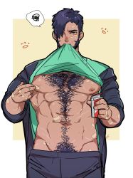 Rule 34 | 1boy, abs, bandaid, bandaids on nipples, bara, bare pectorals, beard, chest hair, clothes in mouth, clothes lift, coffee talk, cowboy shot, dark-skinned male, dark skin, facial hair, gala (coffee talk), green shirt, hair over one eye, hairy, kaniharu, large pectorals, lifting own clothes, male focus, mature male, mouth hold, muscular, muscular male, navel, navel hair, nipples, original, pasties, pectorals, purple hair, shirt, shirt in mouth, shirt lift, short hair, sideburns, solo, stomach, underpec