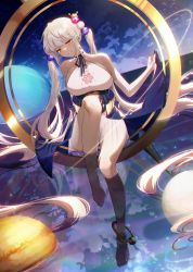 Rule 34 | 1girl, absurdly long hair, absurdres, anklet, bare legs, bare shoulders, barefoot, binishu, blouse, blue ribbon, blue skirt, breasts, cloud, elbow gloves, full body, gloves, hair ornament, halterneck, high-waist skirt, highres, hololive, hololive english, huge breasts, jewelry, kaniko (tsukumo sana), long hair, looking away, neck ribbon, o-ring, o-ring top, parted lips, planet, ribbon, shirt, sideboob, sitting, skirt, smile, soaking feet, solo, tsukumo sana, twintails, very long hair, virtual youtuber, water, wet, white gloves, white shirt, yellow eyes
