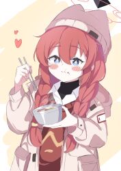 Rule 34 | + +, 1girl, :t, absurdres, beanie, blue archive, blue eyes, blush stickers, bowl, braid, brown hat, brown jacket, chopsticks, closed mouth, collared shirt, commentary, hair between eyes, hair over shoulder, halo, hat, heart, highres, holding, holding bowl, holding chopsticks, jacket, long sleeves, maki (blue archive), maki (camp) (blue archive), official alternate costume, puffy long sleeves, puffy sleeves, red hair, red halo, red sweater vest, shigure (hggk2544), shirt, solo, sweater, sweater vest, turtleneck, turtleneck sweater, twin braids, white shirt