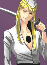 Rule 34 | 1boy, agatsumaattsu, arrancar, bad id, bad pixiv id, bleach, blonde hair, hot, long hair, looking at viewer, male focus, purple background, red eyes, simple background, smile, solo, sword, toned, weapon, yylfordt granz