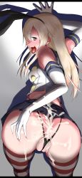 Rule 34 | 10s, 1girl, absurdres, amano don, ass, ass focus, bad id, bad pixiv id, blonde hair, blush, brown eyes, cum, cum on ass, elbow gloves, from behind, gloves, heart, heart-shaped pupils, highres, kantai collection, long hair, looking at viewer, looking back, naughty face, partially visible vulva, shimakaze (kancolle), solo, striped clothes, striped thighhighs, symbol-shaped pupils, thighhighs, thong, tongue, uncensored, wedgie