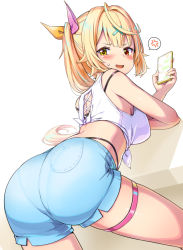 Rule 34 | 1girl, :d, anger vein, ass, bare arms, bare shoulders, blonde hair, blue shorts, bra strap, breasts, crop top, from behind, front-tie top, hair ribbon, heterochromia, highleg, holding, holding phone, hoshikawa sara, hoshikawa sara (1st costume), large breasts, long hair, looking at viewer, looking back, midriff, nijisanji, open mouth, phone, red eyes, ribbon, shirt, short shorts, shorts, side ponytail, simple background, sleeveless, sleeveless shirt, smile, solo, spoken anger vein, sweatdrop, tank top, thigh strap, thighs, very long hair, virtual youtuber, white background, white shirt, yellow eyes, zaxwu