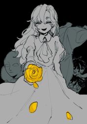 Rule 34 | 1girl, ^ ^, ^o^, ascot, black background, closed eyes, collared dress, doll, dress, evil smile, facing viewer, feet out of frame, flower, giving, greyscale, hair between eyes, hoge (n8sss), holding, holding flower, ib (kouri), juliet sleeves, long hair, long sleeves, mannequin, mary (ib), monochrome, petals, puffy sleeves, rose, simple background, smile, solo, spot color, yellow flower, yellow rose