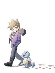 Rule 34 | 1boy, blue oak, boot straps, boots, brown eyes, brown footwear, brown hair, commentary request, creatures (company), game freak, gen 1 pokemon, grey pants, grin, hand in pocket, highres, holding, jewelry, long shirt, long sleeves, looking down, male focus, nagi (exsit00), necklace, nintendo, pants, pants tucked in, pokemon, pokemon (creature), pokemon rgby, purple shirt, sack, shirt, short hair, smile, spiked hair, squirtle, standing, teeth