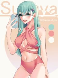 Rule 34 | 1girl, alternate costume, aqua eyes, aqua hair, bikini, breasts, cellphone, commentary request, contrapposto, cowboy shot, hair ornament, hairclip, highres, kantai collection, kozu (bloomme1 me), long hair, medium breasts, navel, phone, pink bikini, solo, standing, suzuya (kancolle), swimsuit, tongue, tongue out
