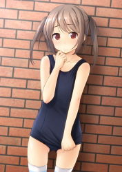 Rule 34 | against wall, blindfold, blue one-piece swimsuit, blue thighhighs, blurry, blush, breasts, brown hair, clothes pull, depth of field, embarrassed, fang, fang out, frown, hair tie, highres, legs apart, looking at viewer, old school swimsuit, one-piece swimsuit, one-piece swimsuit pull, original, parted bangs, pulled by self, red eyes, school swimsuit, shibacha, short twintails, sidelocks, small breasts, solo, standing, striped clothes, striped thighhighs, swept bangs, swimsuit, thighhighs, thighs, twintails, white thighhighs