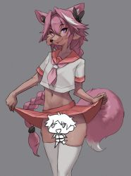 Rule 34 | 1boy, animal ear fluff, animal ears, animal nose, april fools, astolfo (fate), astolfo (sailor paladin) (fate), black bow, bow, braid, brown fur, censored, chibi, chibi inset, clothes lift, crop top, curtsey, eu03, fang, fate/apocrypha, fate/grand order, fate (series), fox boy, fox ears, fox tail, furrification, furry, furry male, grey background, hair bow, highres, lifted by self, long braid, long hair, looking at viewer, male focus, midriff, navel, no panties, novelty censor, official alternate costume, pink hair, purple eyes, red serafuku, school uniform, serafuku, single braid, skin fang, skirt, skirt lift, snout, solo, tail, thighhighs, trap, very long hair
