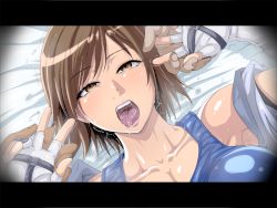 Rule 34 | 1girl, armpits, bare shoulders, bed, black border, blue sports bra, blush, border, breasts, brown eyes, brown hair, collarbone, fingerless gloves, from above, gloves, half-closed eyes, jumpsuit, kazama asuka, large breasts, looking at viewer, lying, matching hair/eyes, off shoulder, on bed, open mouth, pov, raburebo, saliva, short hair, solo, sports bra, sweat, tears, tekken, tongue, tongue out, trembling, upper body, waguchi shouka