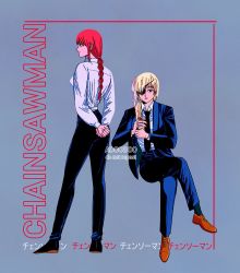 2girls, arms behind back, bangs, black eyepatch, black pants, black suit, blue background, braid, braided ponytail, breasts, brown hair, business suit, chainsaw man, cigarette, expressionless, formal, holding, holding cigarette, legs crossed, light smile, long hair, long sleeves, looking at viewer, looking to the side, makima (chainsaw man), medium breasts, multiple girls, nail polish, pants, ponytail, quanxi (chainsaw man), red nails, ringed eyes, shirt, silver hair, smile, smoke, suit, white shirt, yellow eyes