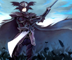 Rule 34 | 1boy, alternate color, armor, belt, black armor, black belt, black cape, black hair, black sclera, black wings, blue eyes, blue sky, breastplate, cape, closed mouth, cloud, colored sclera, commentary request, cowboy shot, cross, expressionless, feathered wings, feathers, gauntlets, hair over one eye, head wings, holding, holding polearm, holding spear, holding weapon, leg armor, looking at viewer, male focus, misuguu, paladin (ragnarok online), polearm, ragnarok online, saw, short hair, sky, solo, spear, standing, visor (armor), weapon, wings