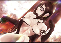 Rule 34 | 1girl, bad id, bad pixiv id, bare shoulders, black dress, breasts, brown hair, center opening, choker, cleavage, closed mouth, collarbone, commentary, dress, earrings, elbow gloves, fate/grand order, fate (series), glasses, gloves, highres, jewelry, kuziaaizuk, large breasts, letterboxed, lips, long hair, looking to the side, red eyes, sitting, solo, strapless, strapless dress, very long hair, yu mei-ren (fate)