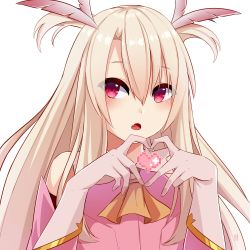 Rule 34 | 1girl, azuri909, blonde hair, blush, commentary request, dress, fate/kaleid liner prisma illya, fate (series), gloves, hair between eyes, hair ornament, heart, illyasviel von einzbern, long hair, looking at viewer, open mouth, pink dress, red eyes, simple background, solo, two side up, white background, white gloves