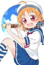 Rule 34 | 1girl, :d, ahoge, blue skirt, blush, bow, braid, from side, hair bow, hat, holding, kneehighs, looking at viewer, love live!, love live! school idol festival, love live! sunshine!!, miyamaki, neckerchief, open mouth, orange hair, pinky out, pleated skirt, red eyes, red neckerchief, sailor hat, school uniform, serafuku, short sleeves, side braid, sitting, skirt, smile, socks, solo, striped bow, striped clothes, striped socks, takami chika, telescope