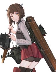Rule 34 | 1girl, bike shorts, black shorts, bow (weapon), brown eyes, brown hair, cowboy shot, crossbow, flat chest, flight deck, headband, headgear, highres, kantai collection, long sleeves, miniskirt, nanana (sp6z7fa9), pleated skirt, red skirt, rigging, shirt, shorts, simple background, skirt, solo, standing, taihou (kancolle), weapon, white background, white shirt