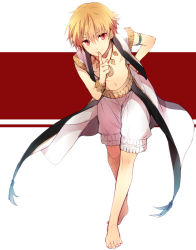Rule 34 | 1boy, barefoot, blonde hair, bracelet, child gilgamesh (fate), fate/kaleid liner prisma illya, fate (series), finger to mouth, gilgamesh (fate), jewelry, kuroemon, long coat, male focus, necklace, open clothes, open shirt, red eyes, shirt, short hair, shorts, solo, aged down