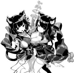 Rule 34 | 2girls, animal ear fluff, animal ears, azur lane, bell, breast press, breasts, cat ears, cat girl, cat tail, cleavage, fusou (azur lane), greyscale, highres, hori (hori no su), japanese clothes, large breasts, long hair, monochrome, multiple girls, official art, short hair, symmetrical docking, tail, thighhighs, yamashiro (azur lane)