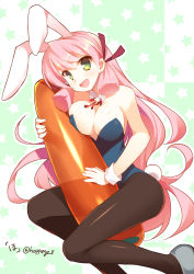 Rule 34 | 10s, 1girl, akashi (kancolle), alternate costume, animal ears, bare shoulders, black pantyhose, blush, breasts, carrot, cleavage, detached collar, fake animal ears, green eyes, hair ribbon, highres, hoppege, kantai collection, large breasts, leotard, long hair, looking at viewer, open mouth, pantyhose, pink hair, playboy bunny, rabbit ears, rabbit tail, ribbon, smile, solo, tail, very long hair, wrist cuffs