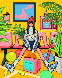 Rule 34 | 1girl, absurdres, aqua eyes, ball, balloon, baseball bat, basketball, basketball (object), beanie, black hair, chair, commentary request, english text, fanny pack, full body, hat, highres, long hair, long sleeves, miyoshi yoshimi, original, plant, potted plant, red hat, shoes, sitting, sleeves past wrists, socks, solo, television, tennis ball, white footwear, white socks