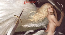 1girl artist_request back bare_back blonde_hair breasts claymore_(series) copyright_name eyelashes feathered_wings feathers from_behind grey_eyes holding holding_hands holding_sword holding_weapon light_smile lips long_hair looking_at_viewer looking_back nude sideboob signature spoilers sword teresa weapon white_wings wings yinwoeren