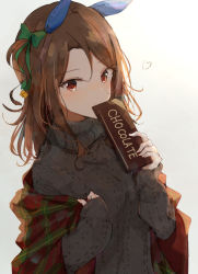 Rule 34 | 1girl, alternate costume, animal ears, bow, breasts, brown eyes, brown hair, candy, chocolate, chocolate bar, ear covers, food, green bow, hair bow, heart, highres, holding, holding chocolate, holding food, horse ears, horse girl, king halo (umamusume), long hair, medium breasts, ninjin nouka, plaid, sleeves past wrists, solo, sweater, turtleneck, turtleneck sweater, umamusume, upper body, white background