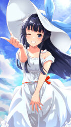 Rule 34 | 1girl, bare shoulders, black hair, blue eyes, blue ribbon, blue sky, blush, bow, breasts, cloud, collarbone, cowboy shot, day, dot nose, dress, dress bow, frilled dress, frills, grin, hand up, hat, hat ribbon, highres, idolmaster, idolmaster million live!, idolmaster million live! theater days, index finger raised, long hair, looking at viewer, mogami shizuka, nagmilk, off-shoulder dress, off shoulder, one eye closed, outdoors, red bow, ribbon, short sleeves, sky, small breasts, smile, solo, standing, white dress, white hat