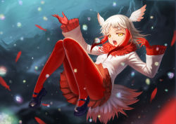 Rule 34 | 10s, 1girl, bird tail, brown hair, commentary, feathers, flying, full body, fur collar, gloves, head wings, highres, japanese crested ibis (kemono friends), kemono friends, long hair, long sleeves, looking at viewer, mountain, multicolored hair, music, open mouth, outstretched arm, pantyhose, pleated skirt, pleated sleeves, red gloves, red hair, red pantyhose, red skirt, sandstar, shirt, shoes, singing, sion (sion9117ys), skirt, smelling clothes, smelling pantyhose, solo, tail, white hair, white shirt, wings, yellow eyes