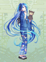 Rule 34 | 1girl, animal print, blue eyes, blue flower, blue hair, blue kimono, blue nails, clenched hand, dairoku ryouhei, fish print, flower, full body, green background, hair flower, hair ornament, hand puppet, highres, japanese clothes, kimono, kusunokinawate, long hair, none emme, obi, puppet, sandals, sash, smile, solo, standing, very long hair, wide sleeves, zouri