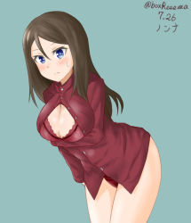 Rule 34 | 10s, 1girl, black hair, blue eyes, bra, breast hold, breasts, character name, cleavage, closed mouth, cowboy shot, dated, girls und panzer, hako reeema, large breasts, leaning forward, light frown, long hair, long sleeves, looking at viewer, no pants, nonna (girls und panzer), open clothes, open shirt, panties, pravda school uniform, red bra, red panties, red shirt, school uniform, shirt, simple background, solo, standing, swept bangs, thighs, turtleneck, twitter username, underwear