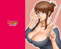 Rule 34 | 1girl, action pizazz, adjusting eyewear, breasts, brown hair, cleavage, fingernails, glasses, hair bun, huge breasts, jewelry, mature female, nail polish, necklace, official art, official wallpaper, pink nails, pointer, ring, saigado, single hair bun, solo, teacher, wallpaper, wedding band, wedding ring